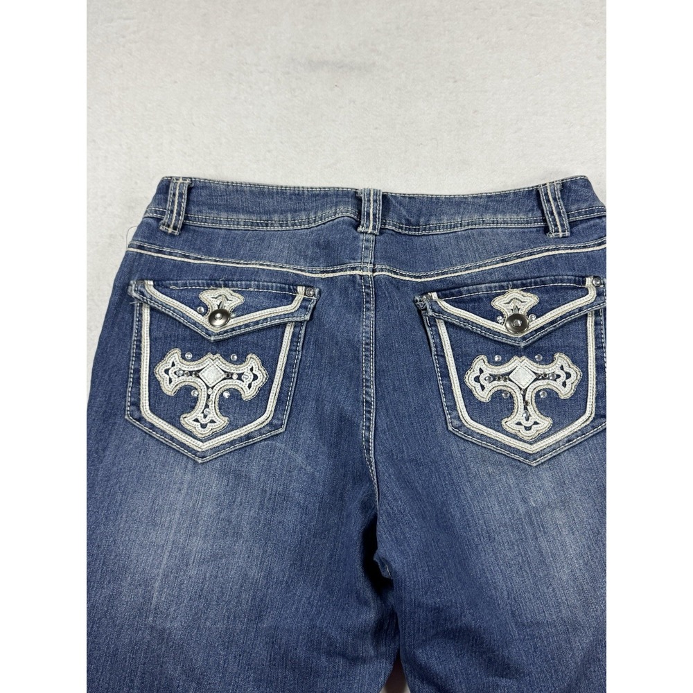 Faded Glory Women's 16 Jeans Embellished Cross Pockets Rhinestone Blue Denim